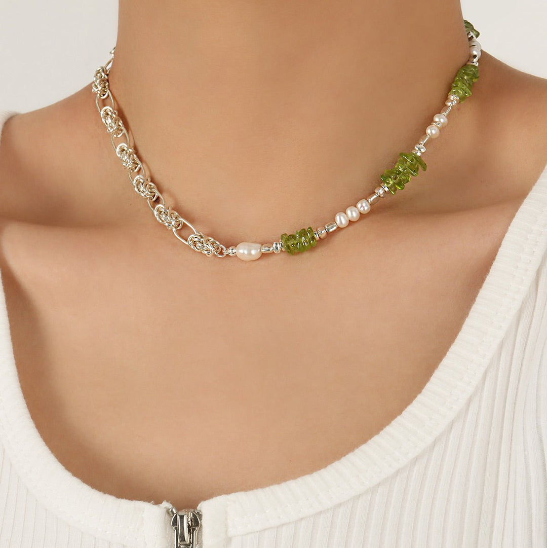 Natural Pearl Peridot Fashion Forward Sweet Patchwork 925 Sterling Silver Necklace - JEWELLY