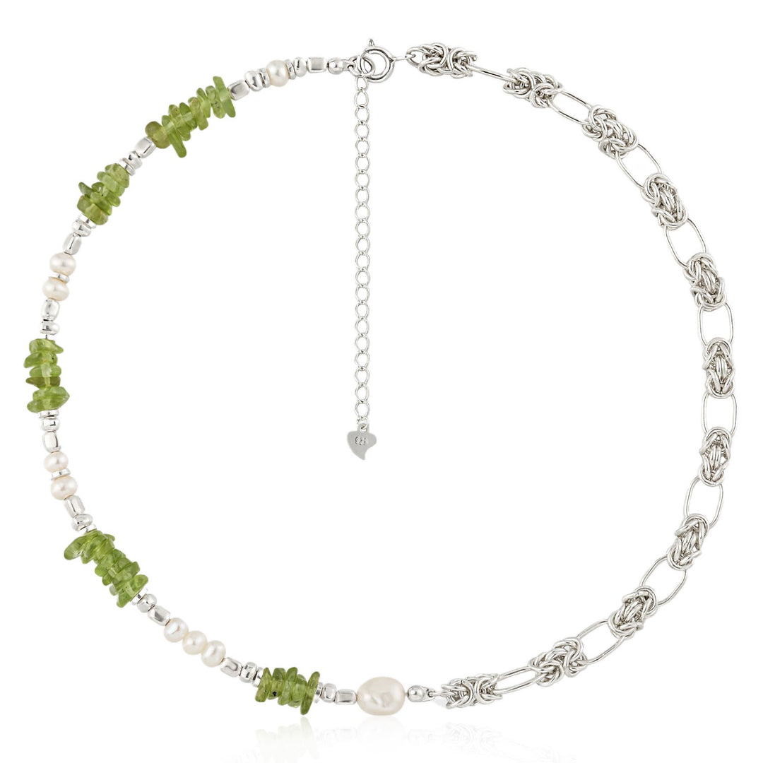 Natural Pearl Peridot Fashion Forward Sweet Patchwork 925 Sterling Silver Necklace - JEWELLY