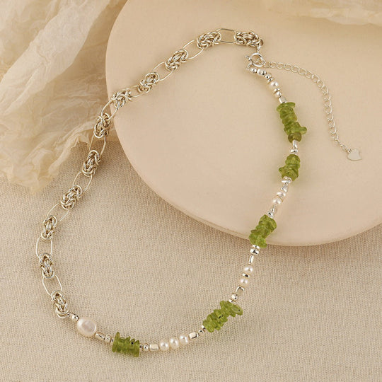 Natural Pearl Peridot Fashion Forward Sweet Patchwork 925 Sterling Silver Necklace - JEWELLY