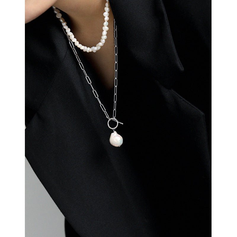 Office Irregular Natural Pearl Hollow Chain 925 Sterling Silver Necklace - JEWELLY