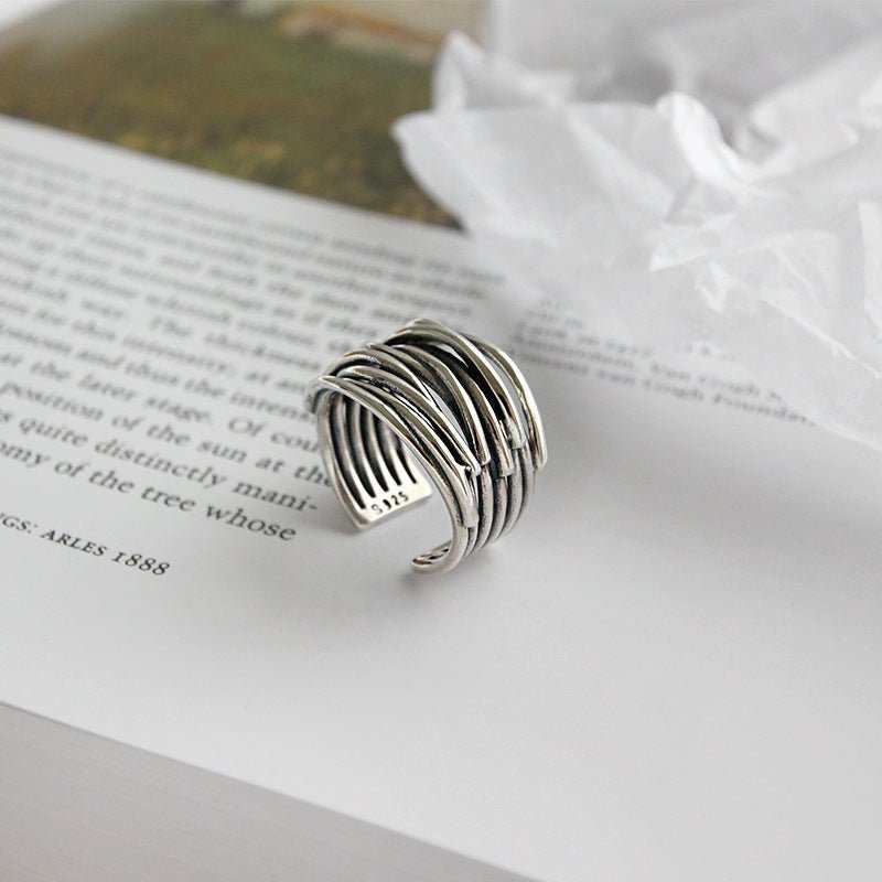 Retro Multi Lines Twining 925 Sterling Silver Adjustable Ring - JEWELLY