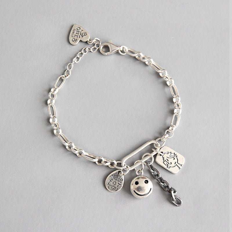 Retro Smile Face Waterdrop Heart Doll Tag 925 Sterling Silver Chain Bracelet - JEWELLY