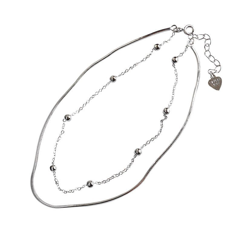 Simple Beads Solid 925 Sterling Silver Adjustable Double Chain Bracelet - JEWELLY