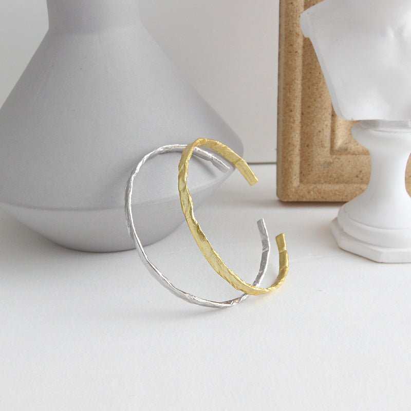 Simple Concave Convex Round 925 Sterling Silver Open Bangle - JEWELLY