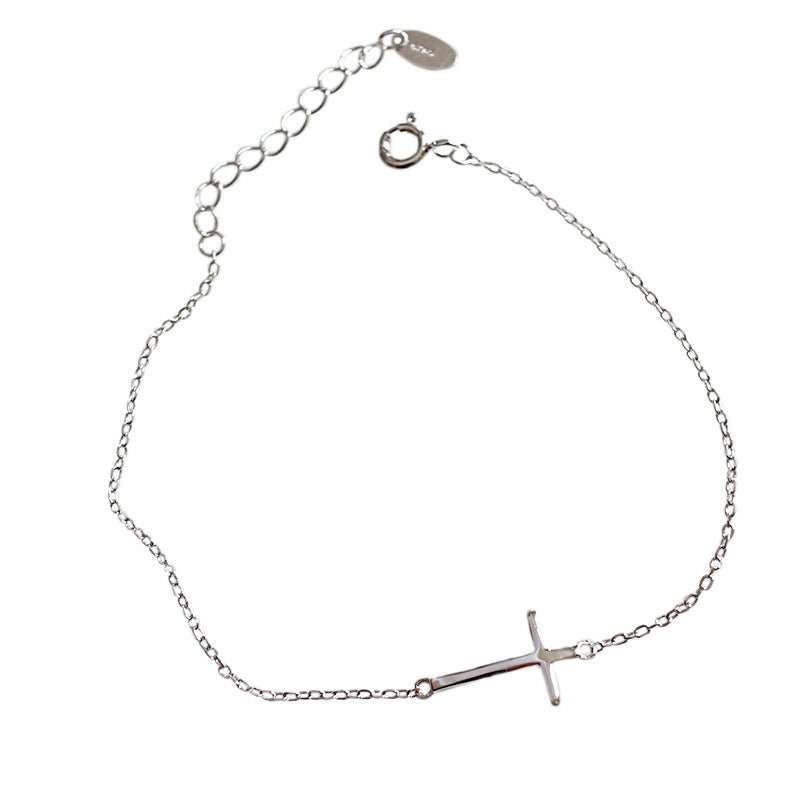 Simple Cross Solid 925 Sterling Silver Adjustable Anklet - JEWELLY