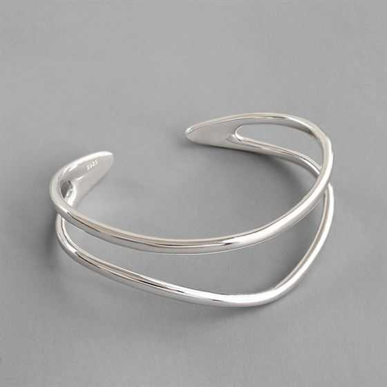 Simple Double Layler 925 Sterling Silver Open Bangle - JEWELLY