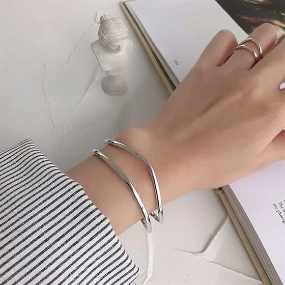 Simple Double Layler 925 Sterling Silver Open Bangle - JEWELLY