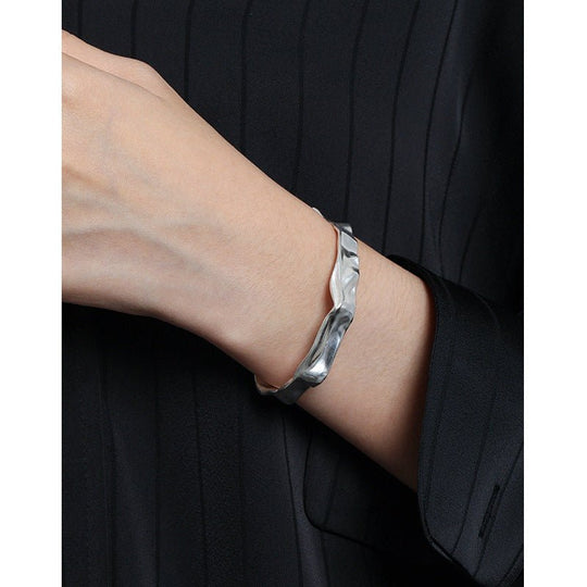 Simple Irregular Folding Paper 925 Sterling Silver Open Bangle - JEWELLY