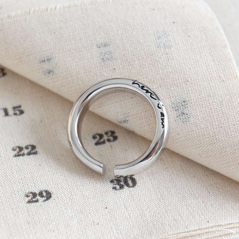 Simple Letters Here i am 925 Sterling Silver Adjustable RingRing Top Size: 5mm 
Ring Diameter: 16.9mm
Metal Material: Solid 925 Sterling Silver
Metal Electroplating: Rhodium
Ring Size: Open Size/Adjustable
Total Weight: 7.68gJEWELLYJEWELLY925 Sterling Silver Adjustable Ring