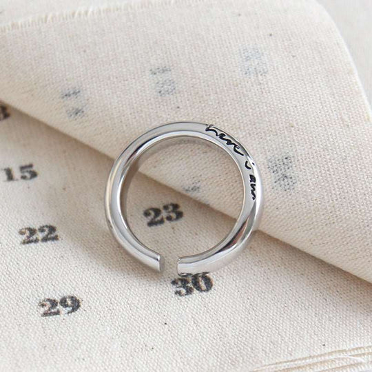 Simple Letters Here i am 925 Sterling Silver Adjustable RingRing Top Size: 5mm 
Ring Diameter: 16.9mm
Metal Material: Solid 925 Sterling Silver
Metal Electroplating: Rhodium
Ring Size: Open Size/Adjustable
Total Weight: 7.68gJEWELLYJEWELLY925 Sterling Silver Adjustable Ring