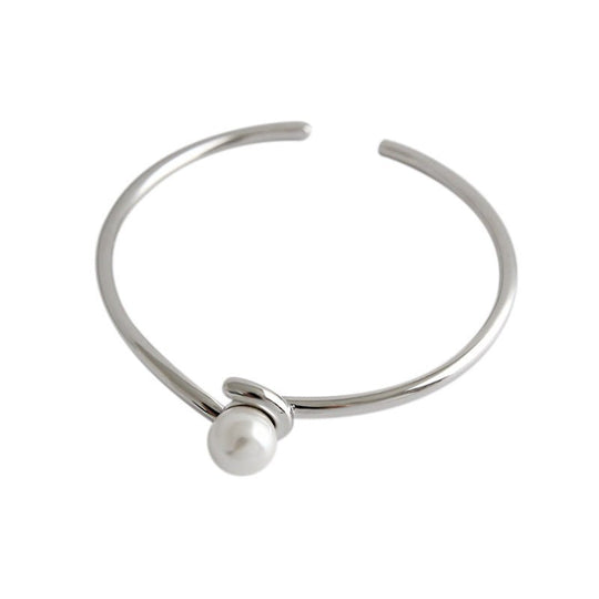 Simple Round Shell Pearl 925 Sterling Silver Open Bangle - JEWELLY