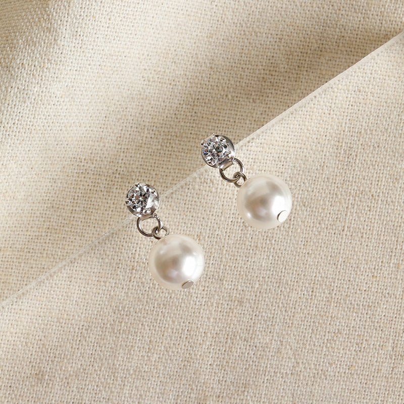 Simple Round Shell Pearls CZ 925 Sterling Silver Stud Earrings - JEWELLY