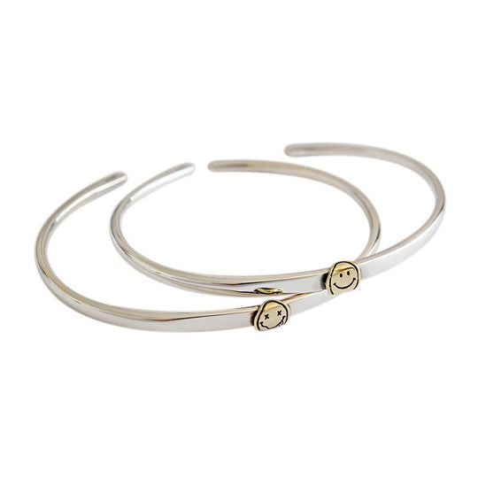 Simple Smile Face 925 Sterling Silver Open Promise Bangle - JEWELLY