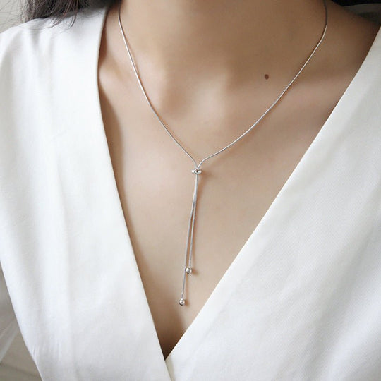 Simple Snake Chain Beads Adjustable 925 Sterling Silver Necklace - JEWELLY