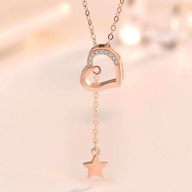 Sweet CZ Hollow Heart Star Tassels 925 Sterling Silver Necklace - JEWELLY