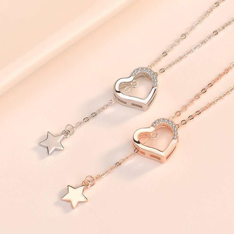 Sweet CZ Hollow Heart Star Tassels 925 Sterling Silver Necklace - JEWELLY