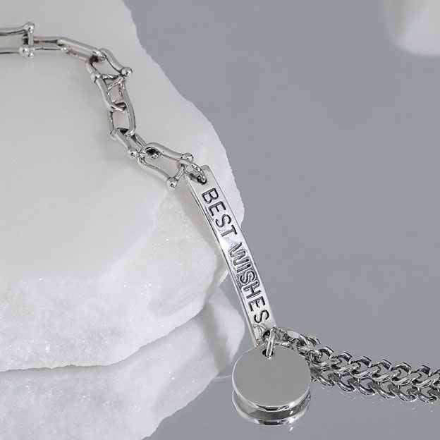 Vintage BEST WISHES Letters 925 Sterling Silver BraceletChain Width: 3.7mm/6mm 
Pendant Size: 27mm * 4.2mm 
Metal Material: Solid 925 Sterling Silver
Special Craftsmanship: Antique/Oxide
Chain Length: 155mm + 40mm AdjustaJEWELLYJEWELLYWISHES Letters 925 Sterling Silver Bracelet