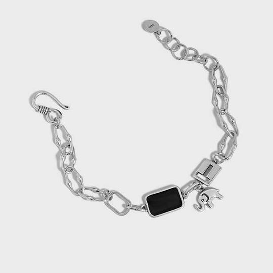 Vintage Black Rectangle Elephant Lock 925 Sterling Silver Bracelet - JEWELLY