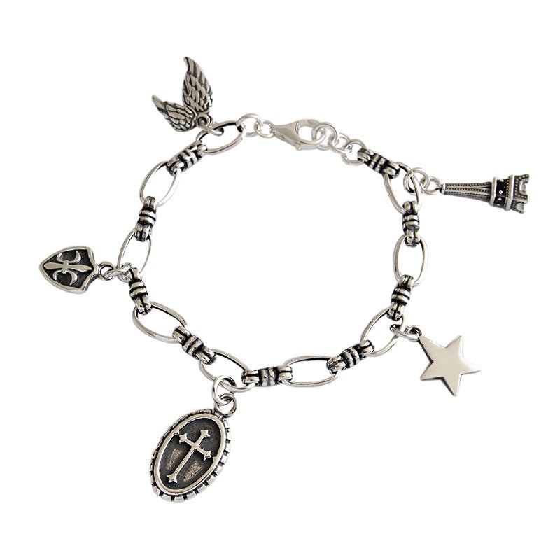 Vintage Cross Star Wings Eiffel Tower Shield 925 Sterling Silver Bracelet - JEWELLY