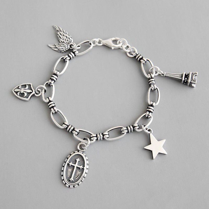 Vintage Cross Star Wings Eiffel Tower Shield 925 Sterling Silver Bracelet - JEWELLY