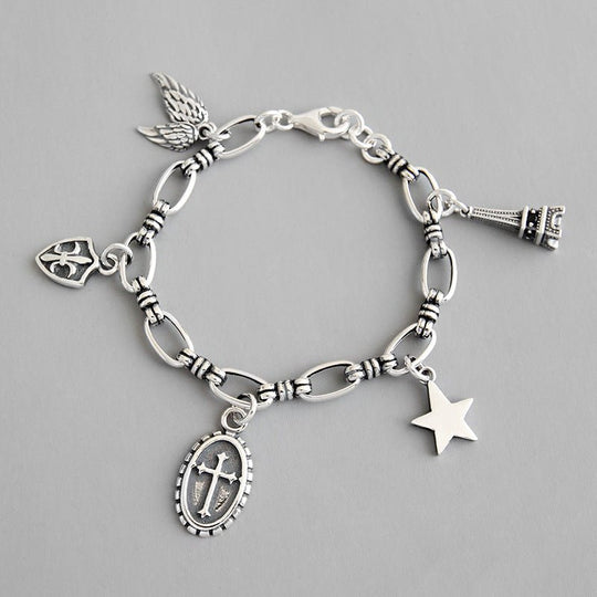 Vintage Cross Star Wings Eiffel Tower Shield 925 Sterling Silver Bracelet - JEWELLY