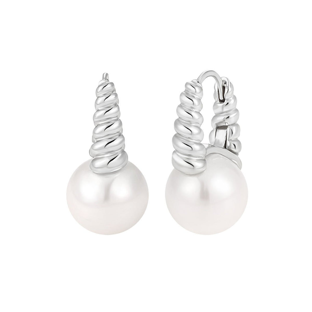 Women Twisted Round Shell Pearls 925 Sterling Silver Hoop Earrings - JEWELLY